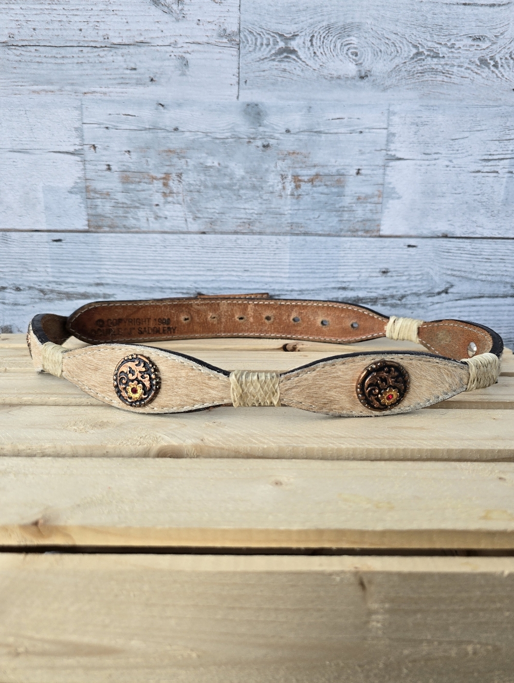 Vintage 90s Double J Saddlery Western Leather Belt Horse Hair Size 34